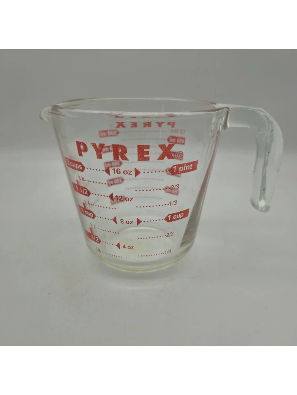 Vintage 2 CUPS PYREX 516 Glass Measuring Cup Red Lettering Open Handle